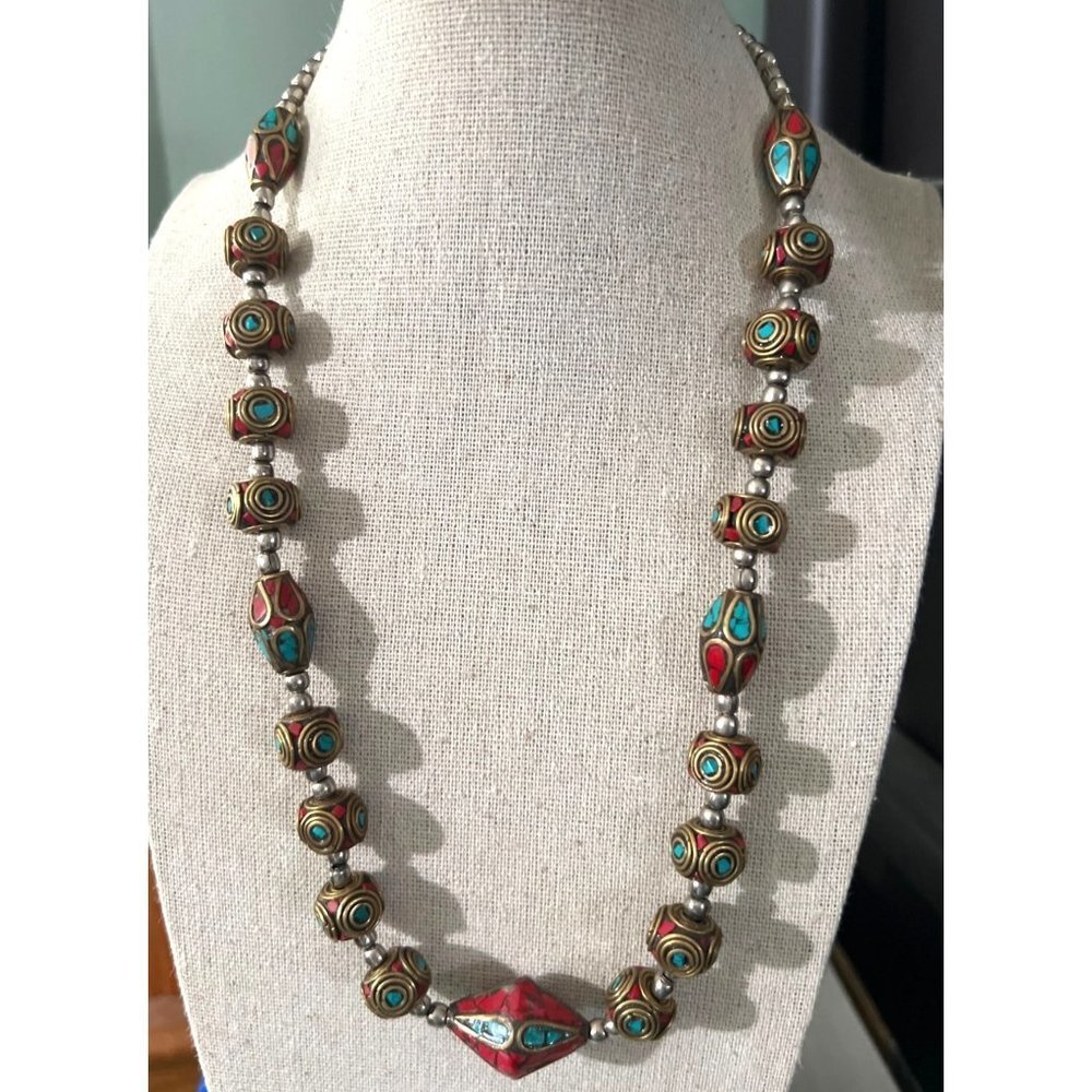 Nepalese Coral & Turquoise Brass Bead Necklace